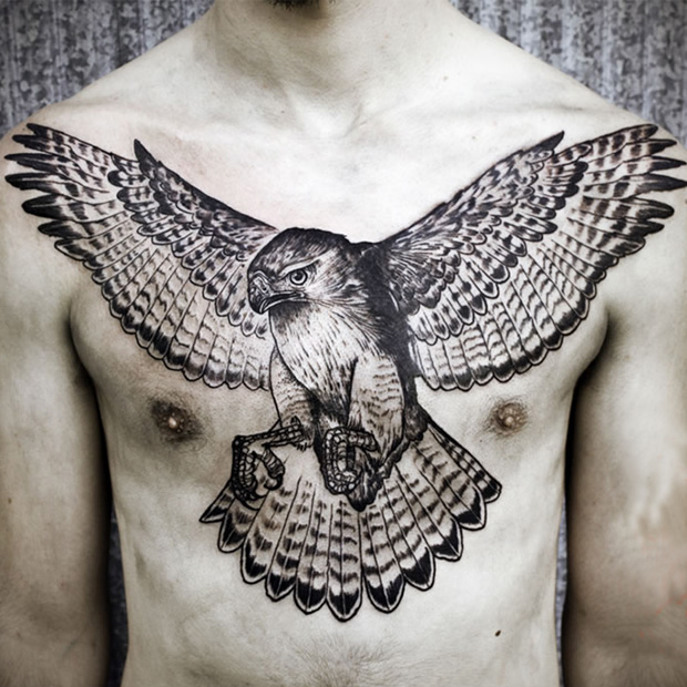 татуировка - черно белый ястреб во всю грудь
